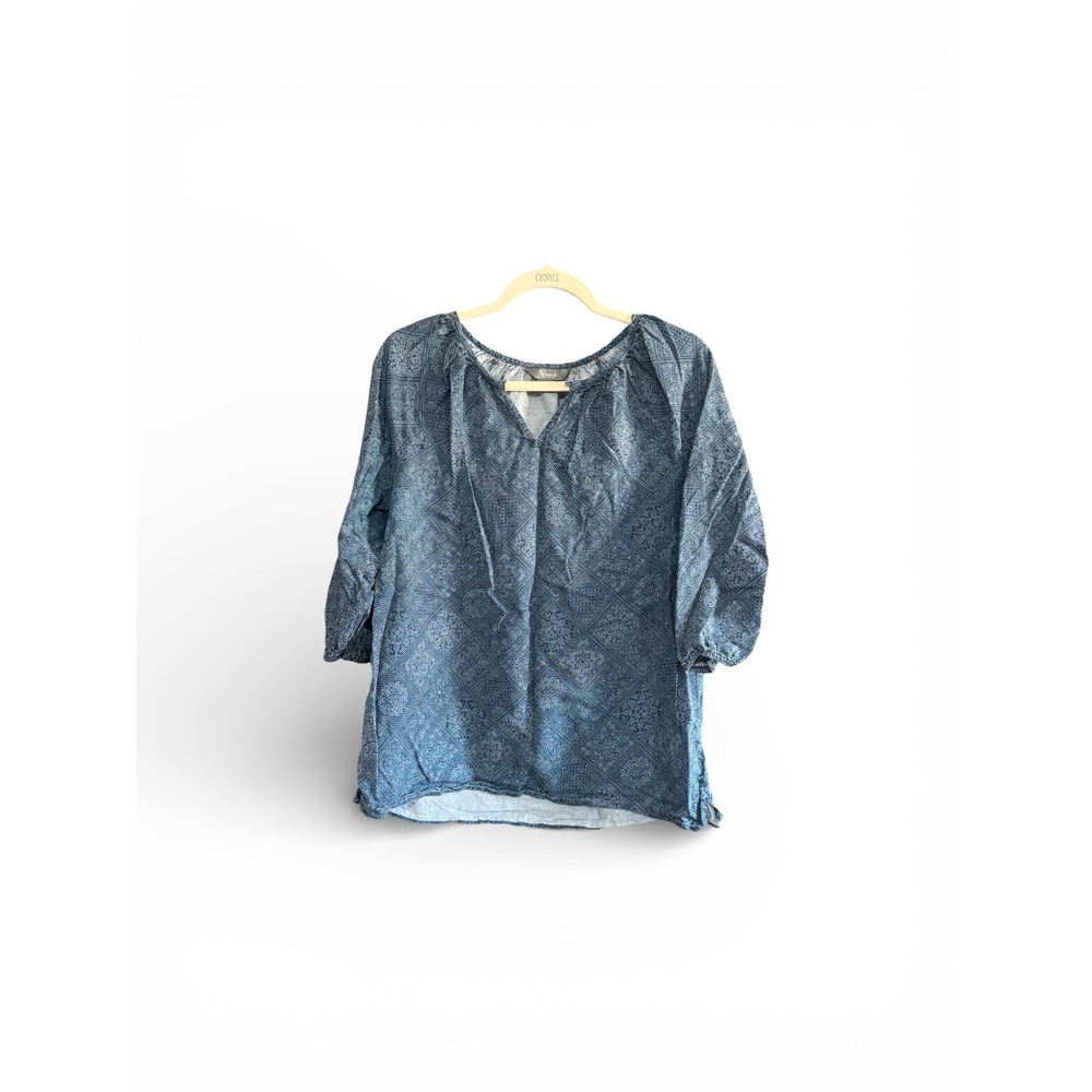 Natural Reflections Womens Blue Tile Print Peasant Blouse Split V-Neck Top Large